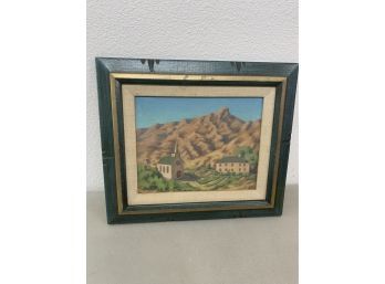 Hand Painted Framed Mexico Landscape With White Church