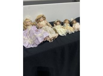 Lot Of 5 Porcelain Dolls In Fancy Dress