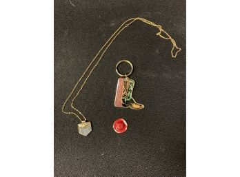 Long Gold Tone Necklace, Charm & Keychain