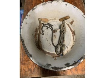 Enamel Pan With Egg Beater, Metal Handle And Hook