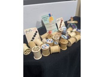Lot Of Wood Spools, Buttons & Sewing Misc