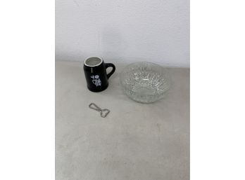 Hall Pottery Beer Mug 588, Coors Metal Bottle Opener And Crystal Glass Dish