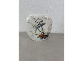 Porcelain JAY Vase Oval Shaped Narrow Opening Blue Bird White Blossoms Japan