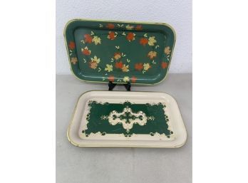 Lot Of 2 Vintage Metal Serving Trays Green Floral Rose Lap TV Tray Tin Mid Century Modern