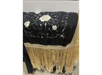 1930s-40s Black Floral Shawl From India  With Fringe