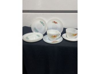 Lot If Fire King Cups And Saucers Milk Glass Patterns Include Tulips, Roses, Blue Flowers