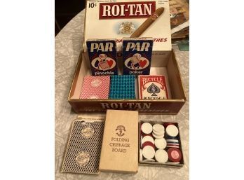 Cigar Box  Full Of Playing Cards, Folding Cribbage Game, Box Of Small Chips