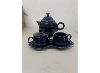 Homer Laughlin Vintage Fiesta Ware Cobalt Blue Tea Pot W Sugar And Creamer Set Tray