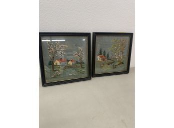 Charming Pair Of Needle Point Pictures Wood Frame Hand Sewn