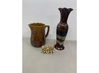 MCM Vintage Royal Haeger Brown Black Cream Drip Glaze Vase And Amber Mug And Speak No Evil Monkey Sculpture