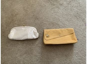 Two Vintage Hand Bag Purses One Deerskin With Gloves And White Beaded
