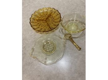 Yellow Depression Glass Lancaster Cane  Platter/Plate Two Handled And Anchor Hocking Fairfield Amber Dish