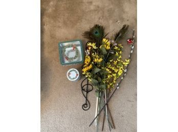 Faux Flowers And Metal Holder, Xmas Tins, Peacock Feather