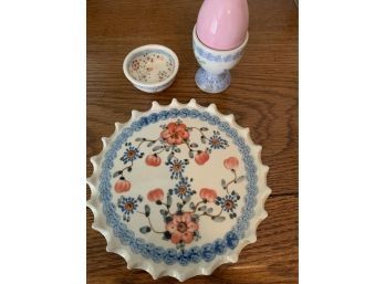Heise Bolesawiec Polish Pink Floral Plates And Egg Cup.  Great Spring Colors