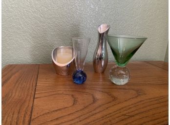 Lot Of Bud Vases Incl Nambe Metal And Bubble Glass Blue And Green Vase