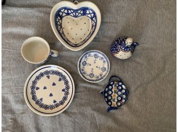 Lot Of Heise Bolesawiec Polish Pottery Blue And White Polka Dot Saucers Tea Bag Holder Etc