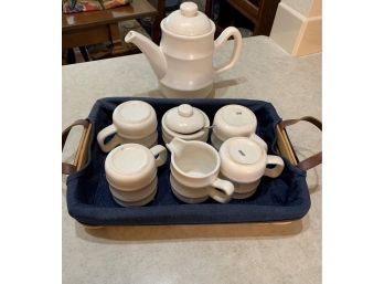 White Stoneware Style Tea Service Set With Tea Pot, Cream Sugar And Cups With Basket Holder