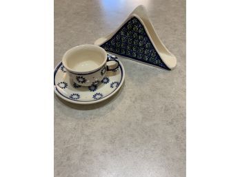 Heise Bolesawiec Polish Pottery Blue And White Polka Dot Cup And Saucer And Napkin Holder