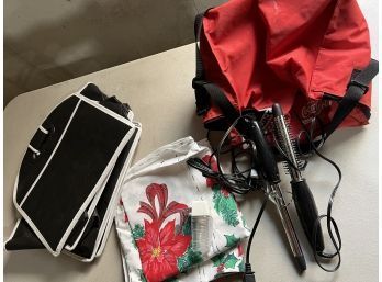 Curling Irons In Travel Bag, Collapsible Bag, Tablecloth
