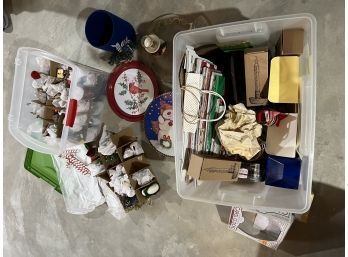 Lot Of Christmas Decor Incl Paper Bag, Boxes, And Ornaments Incl  Storage Tote With Lid