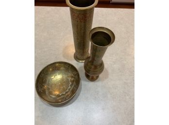 Pair Of Small Etched Brass Vases And Etched Brass Bowl
