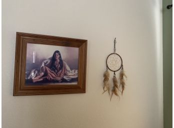 Penni Anne Cross Ochia-Bia-E-Ches (Beautiful Woman At Night) VTG Framed Native American Print & Dream Catcher
