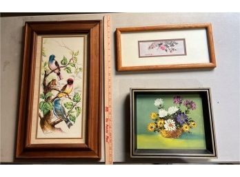 3 Framed Pictures Floral &  Bird Prints.  Original Floral Painting  And Signed Asian Bird Numbered Print