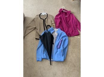 Lot Of 2 Jackets, Sweater And 2 Umbrellas.