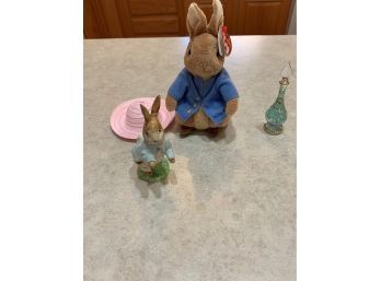 Peter Rabbit 9' Ty Beanie Baby Bunny Plush Stuffed Animal Toy, Small Glass Bottle And Bunny Figurine