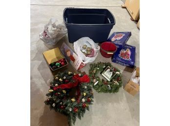 Lot Of Christmas Decor Incl Wreaths, Outdoor Light Ups And Christmas Ball Ornaments Incl  Storage Tote With Li