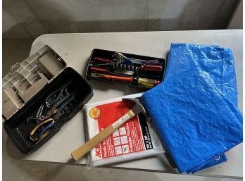 Small Tackle Box Filled With Hand Tools, 2 Tarps, Paint Drop Cloth