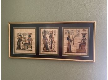 Three Panel Egyptian Goddess Isis & Queen Nefertari Original Papyrus Art Painting In Frame