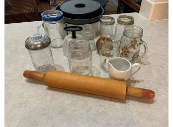Kitchen Goods Including Rolling Pin, Mason Jars And Kitchen Scale