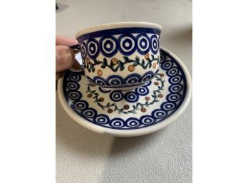 Heise Bolesawiec Polish Pottery Blue And White Polka Dot Cup And Saucer