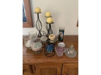 Lot Of Candles Including Metal Stands And Glass Holders