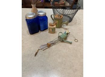 Lot Of Countertop Decor Incl Toothpick Holders, Garden Windchime And Sale And Pepper Shakers
