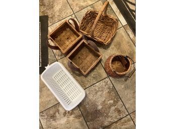 Lot Of Smaller Woven Wicker/wood Baskets Incl Handmade Baby Bean Pot