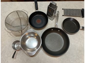 Lot Of 3 Nonstick Pans Plus Strainers, Graters And Measuring Cups