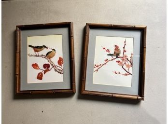 Pair Of  Bird Dried Grass Asian Art Pictures With Bamboo Style Frames