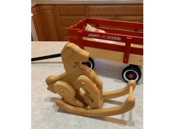 Small Wood Rocking Horse And Toy Wagon