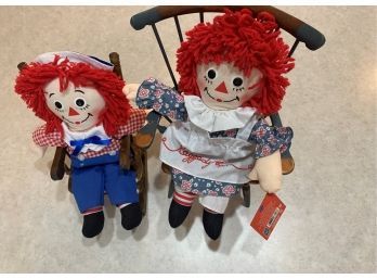 Ragged Ann And Andy In Wooden Doll Chairs Appear Unused, W Tags