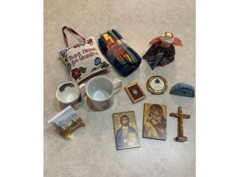 Lot Of Small Collectables Incl Souvenir Mugs, Religious Items, Small Hand Painted Pic And Blue Geode