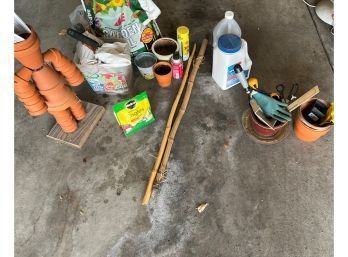 Lot Of Gardening Supplies Incl Pot Sculpture, Soil, Pots, Hand Shovel Etc