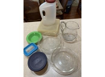 3 Pyrex Glass Bowls For The Kitchen Plus Pitcher And Plastic Food Storage