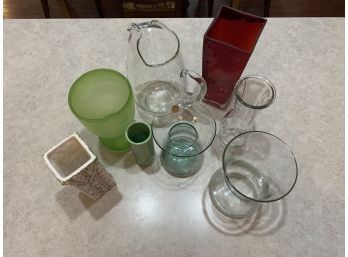Lot Of 7 Glass Vases And One Glass Pitcher