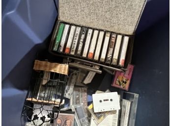 Huge Lot Cassette Tapes Including Hard Sided Cassette Tape Holder Incl  Storage Tote With Lid