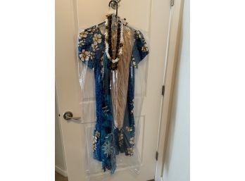 Aloha Republic Hawaiian Blue Dress With Grass Skirt And Two Shell Neckacles