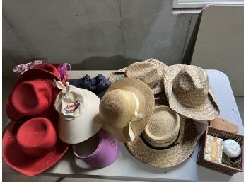 Lots Of Hats Incl Red Hats Straw Hats, Visors & Guest Soap In Basket