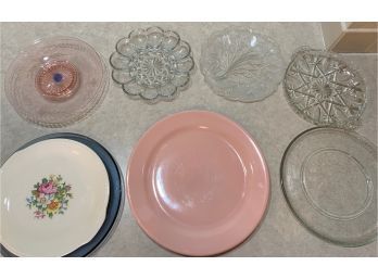 Lot  Serving Trays Incl Pink Vintage Cut/Etched Glass Floral  And Floral Designs