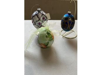 Two Blown Egg  Glass Christmas Ornaments With Swarovski Crystals Faberge Style Eggs